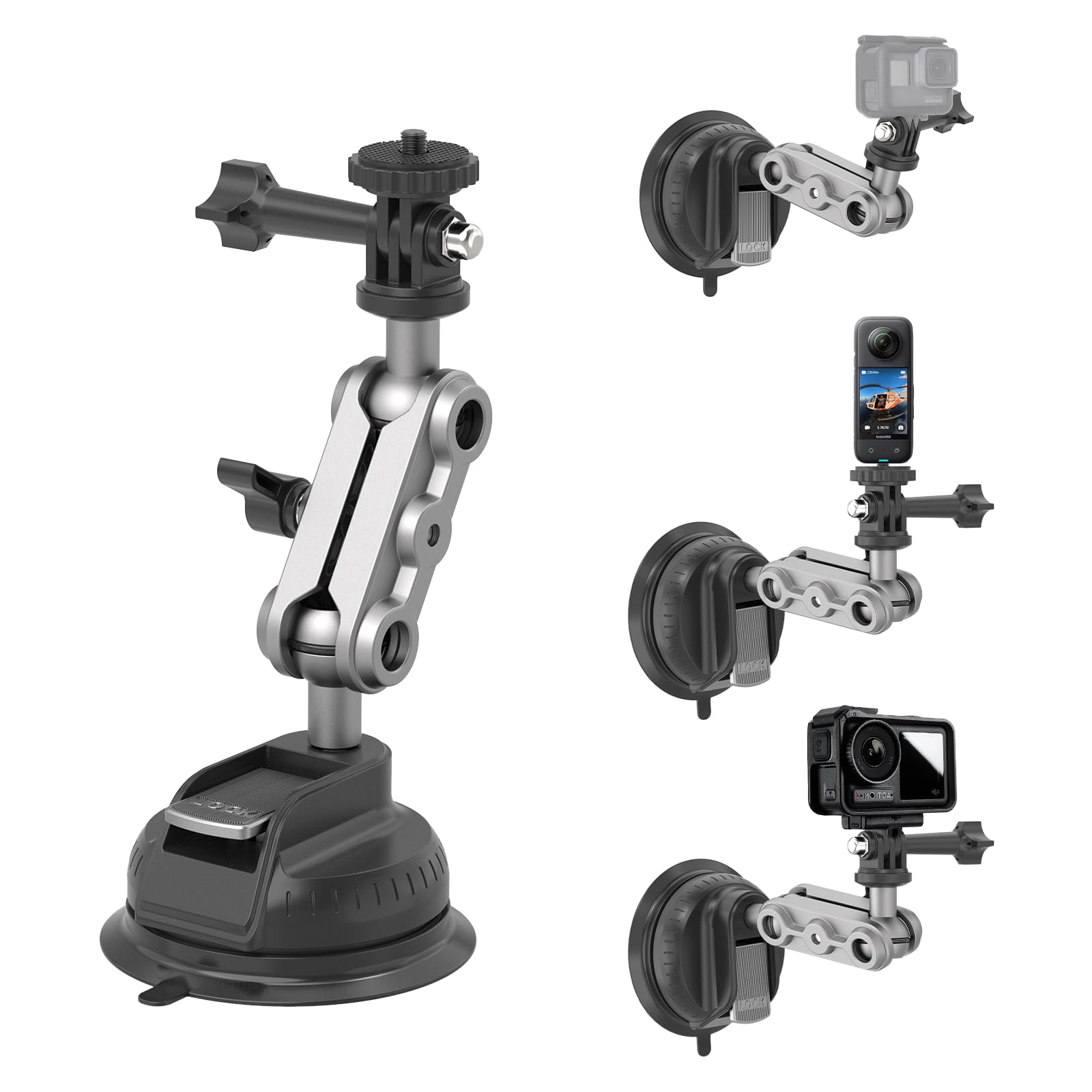 Wiseten Soporte de Ventosa Insta 360 X5 X4 X3 dji Osmo 360 Hero 13 12 11 10 9 Black, Ventosa Soporte con Cabeza de Bola Doble Rotación 360°, Montaje en Parabrisas o Ventana del Coche Accesorio