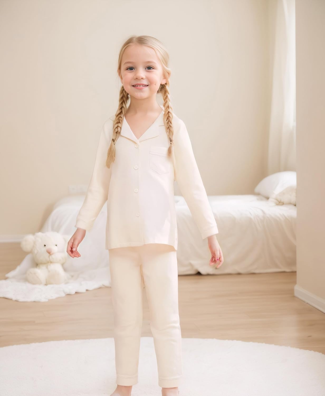 Aablexema Unisex Kids Pajamas Set Button-Down Long Sleeve Cotton Sleepwear Lounge Set for 5-13 Years - Image 2