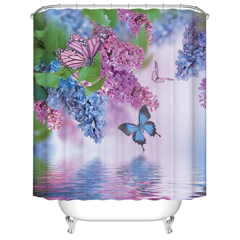 Purple Blue Flower Butterfly Shower Curtain Blooming Hydrangea Floral Butterflies by the Lake Water Ripple Spring Scenery Fabric Bathroom Decor Curtain with Hooks — image 1