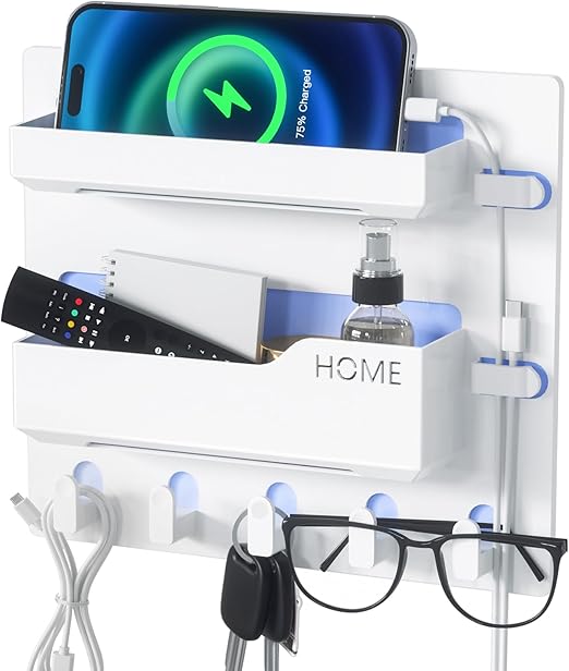 Bedside Shelf Wall Mount, Adhesive Bedside Shelf Accessories Organizer with Hooks and Cable Clips,Dorm Bedside Wall Storage for Phone, Remote, Earphone, Kindle,Plastic (5 Hooks Style)