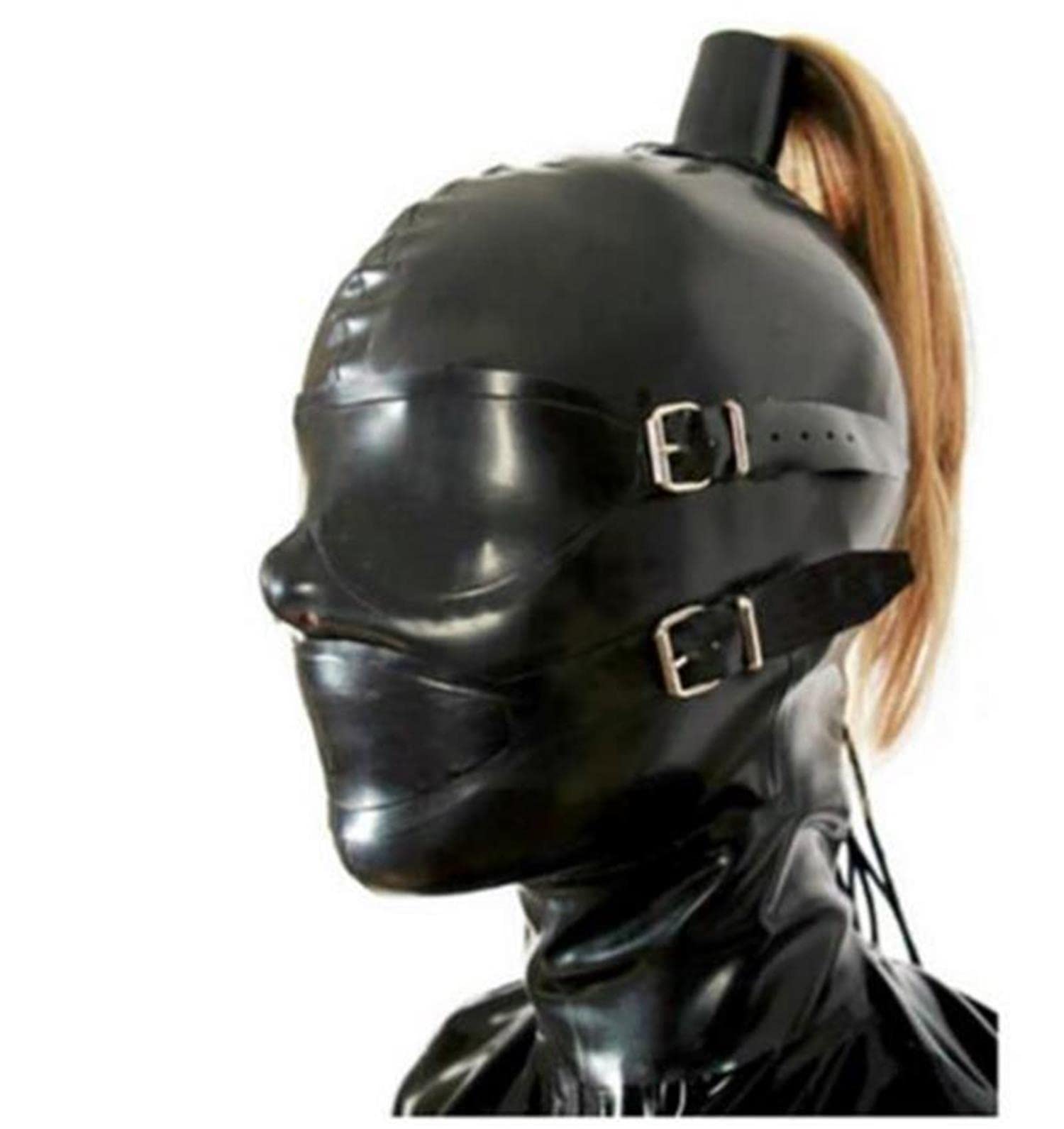 Látex Cabeza Cubrir con Peluca cola de caballo,Látex máscara de cabeza,Capucha de goma para Cosplay Fiesta ropa de club