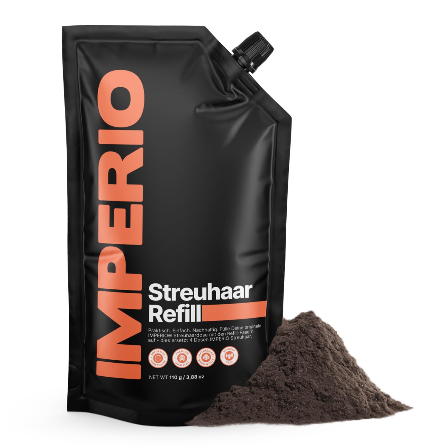 IMPERIO Streuhaar Refill Pack - 110g Nachfüllbeutel mit Premium Schütthaar - Nachhaltiger Nachfüllpack mit praktischem Verschluss - Einfaches Auffüllen der Hair Fibers Dose (Dunkelbraun, 110g)