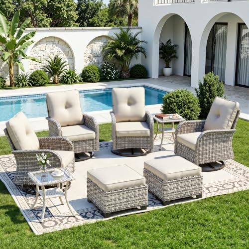 Image of 8-Piece Small Patio Furniture Set, Outdoor Swivel Rocking Chairs Set with Ottomans, Patio Bistro Set for Balcony, Deck, Porch,Ivory