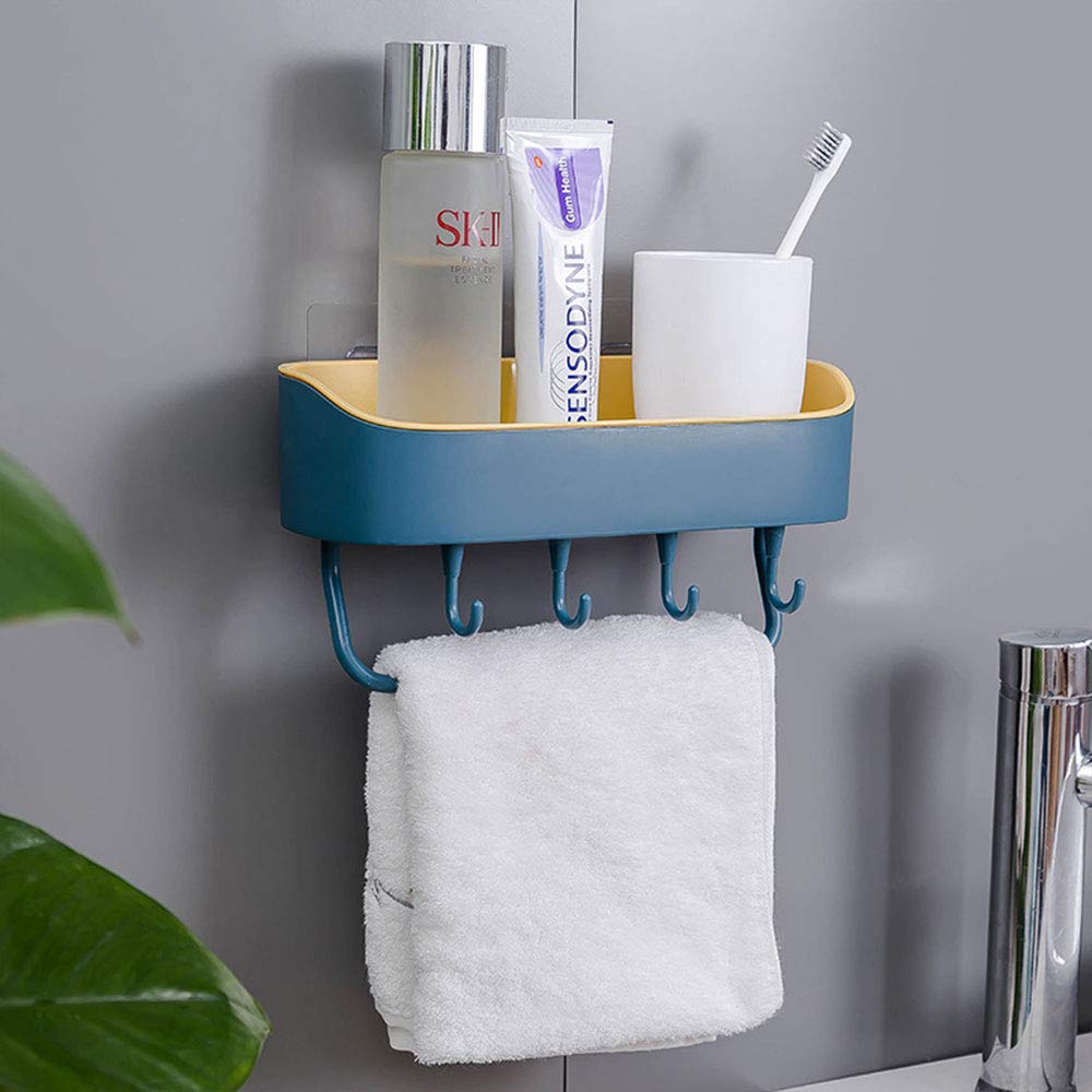 TopHomer 1Pcs Self-Adhesive Bathroom Shelf Shower Caddy, Rectangle Storage Basket Shelves Glue Shower Organiser Wall Mounted for Shower Kitchen, Without Drilling with Hanging Hook (Dark Blue)