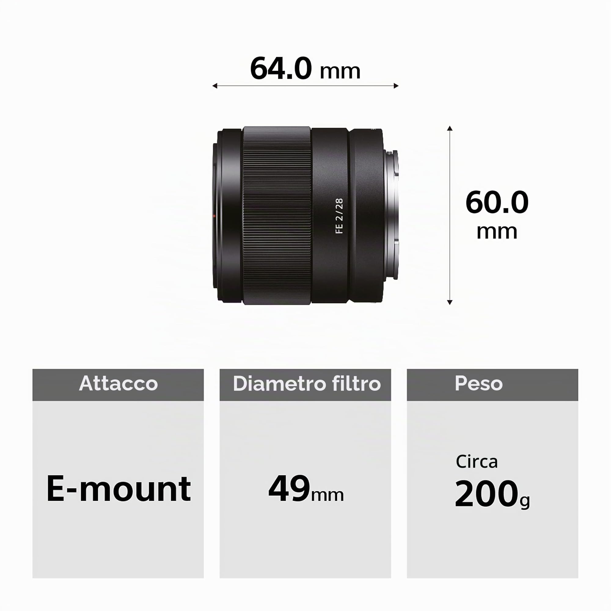 Sony SEL-28F20 Obiettivo Grandangolo a Focale Fissa 28 mm F2.0, Mirrorless Full-Frame, Attacco E, SEL28F20