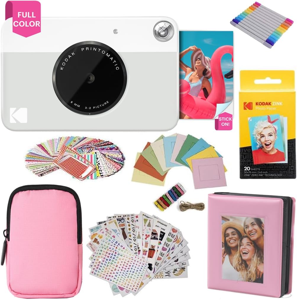 KODAK Printomatic Full-Color Instant Print Camera Gift Bundle + Soft Case + Zink 2x3 Sticky Back Photo Paper 20pk + Album + Sticker Sets + Sticker Frames + Hanging Frames + Markers, Fun Gift - Grey