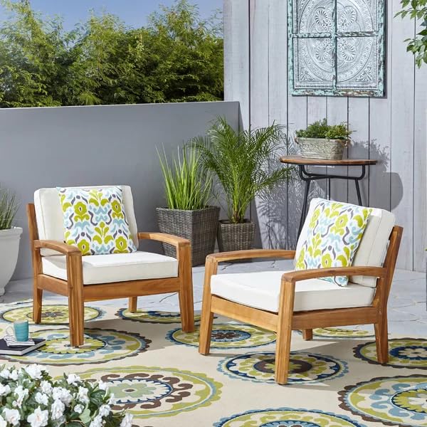 Image of SUNCOM Wooden Armchair for Livingroom Set of 2 - Single Seater Sofa Chair with Cushion - Chair Set for Dining Table - Handmade Wooden Accent Chairs (Cream Cushion, Teak Finish)