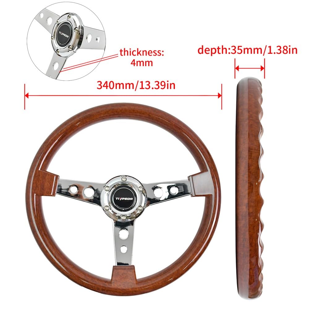 Klassisches Holzlenkrad, 350 mm (14 Zoll), universell einsetzbar, für Rennwagen, Retro-Design, 3 Speichen, 6 Schrauben, mit Hupenknopf, für Oldtimer-Modifikationen, Sim Driving, Motorsport und JDM.