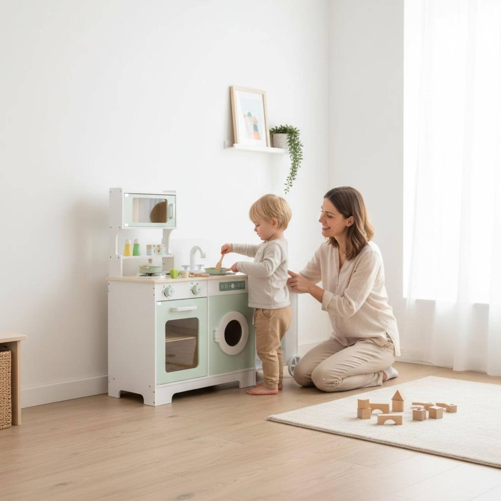 Kinder Spielküche Holz Kinderküche Spielset Küche Spielzeug Kochen Spüle Herd Kühlschrank Mikrowelle Robuste Holzkonstruktion mit Kompaktem Aufbau
