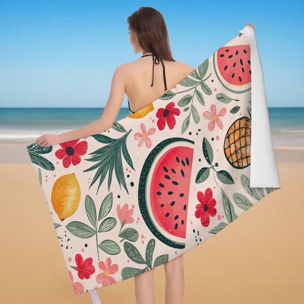 Telo Mare XXL 220x100cm/35x70cm, 2 Set Telo Mare Microfibra Frutta Asciugamano Palestra Uomo, Antisabbia, Leggero, Asciugatura Rapida, Teli da Spiaggia Grandi Accessori per Camping Natation Yoga A-45