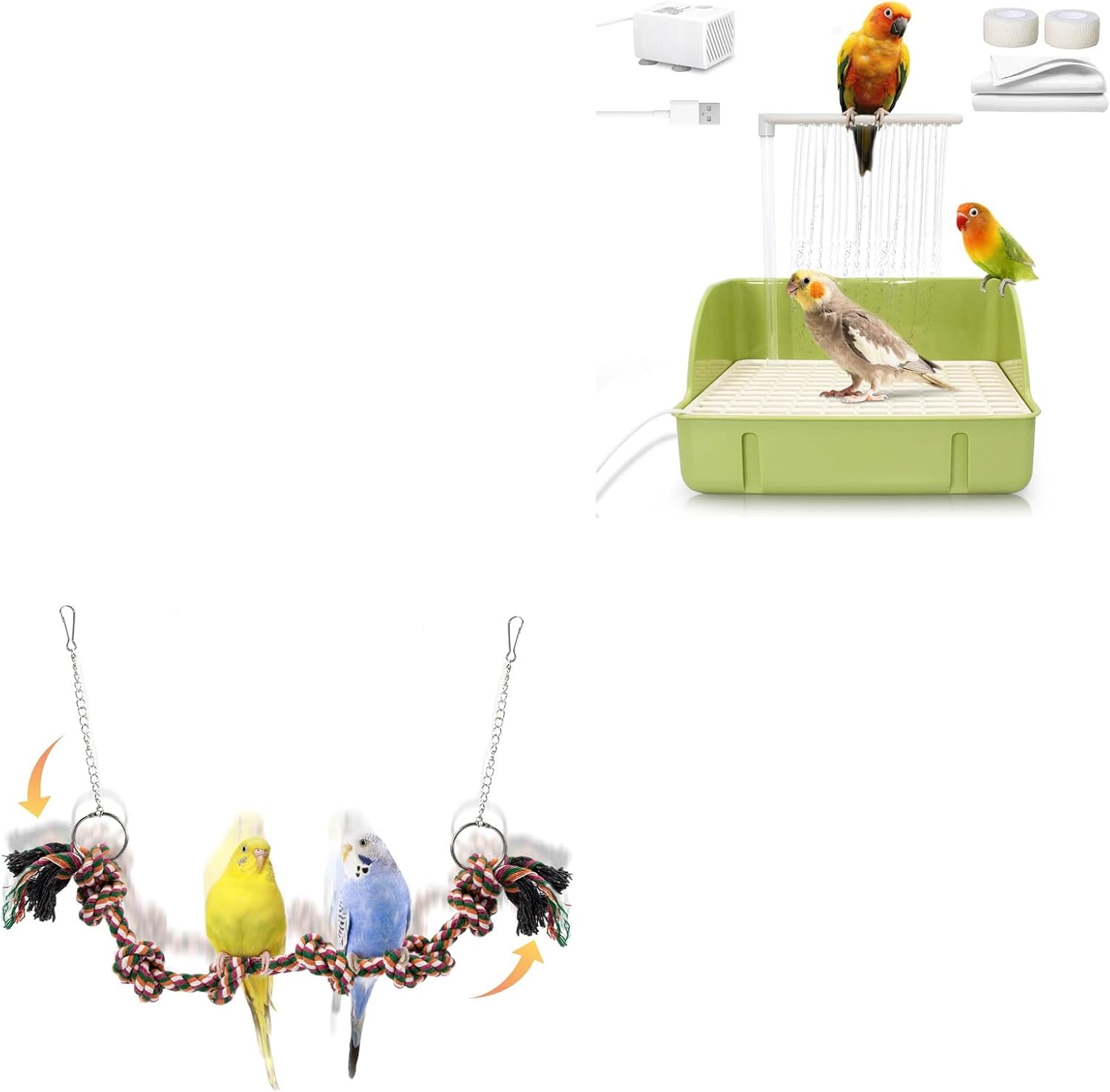 Automatic Bird Bath & Rope Perch Set (Green) - Pump-Powered Fountain with Knotted Cotton Swing for African Grey, Cockatiel, Conure, Budgie, Lovebird