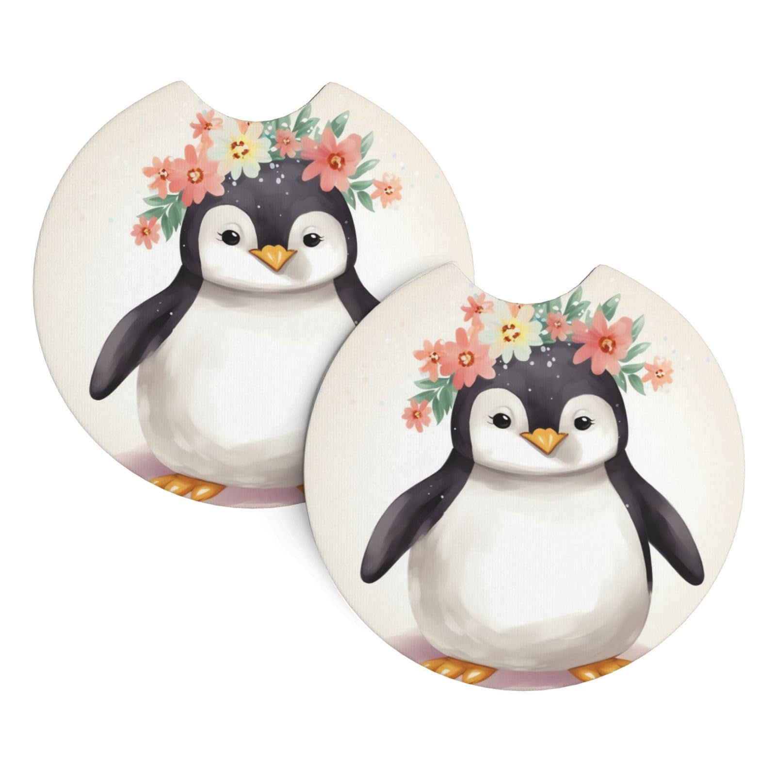2 Pack Car Coaster for Cup Holders Penguin Wearing Flowers Car Cup Coaster 2.7" Neoprene Non-Slip Automotive Cup Mat Universal Auto Car Interior Accessories for Women Men Cup Pad