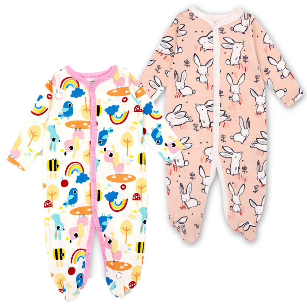 Monvecle Baby Girl 2pcs Pack Cotton Long Sleeve Footed Bodysuit Sleeper Pajama Romper Pink 12M