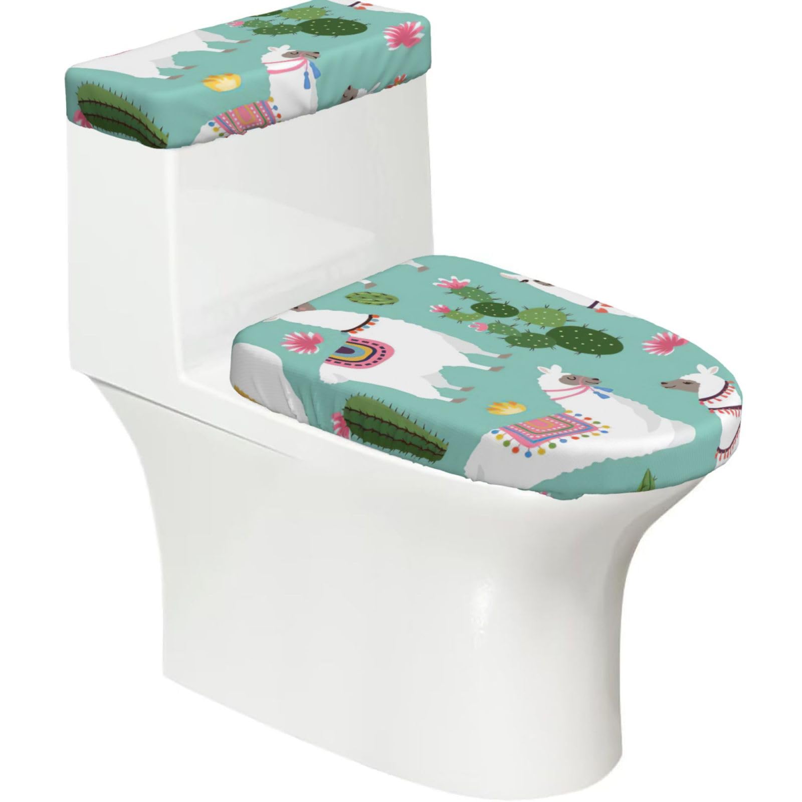 Yqxwjl Black Tropical Llama Alpaca Cactus Flower Print 2-Piece Stretch Toilet Cover Set, Elastic Breathable Toilet Seat And Tank Lid Protector