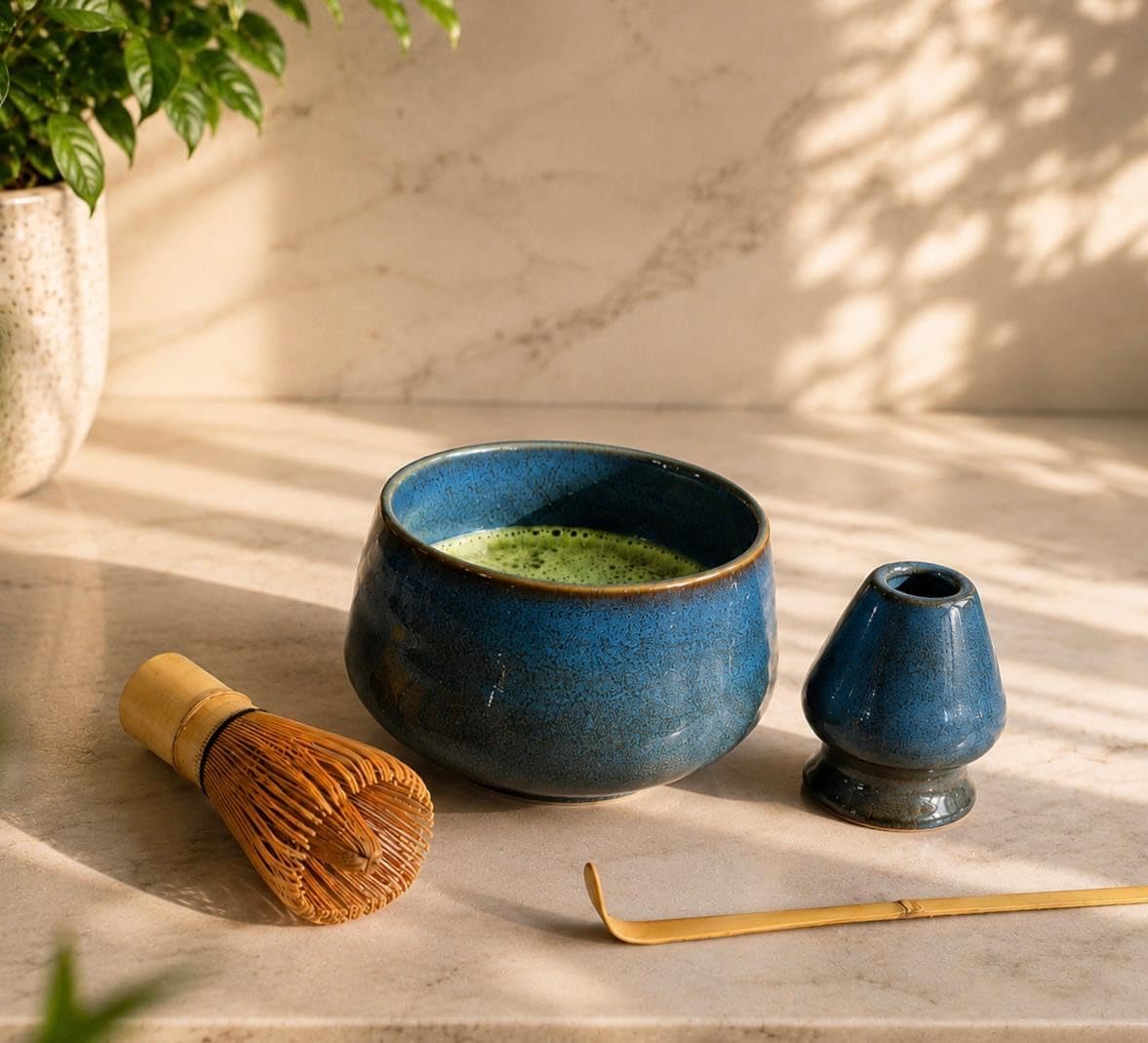 Matcha Maker 4 piece Set (Blue) - Ceramic Bowl, Ceramic Whisk Holder, Handmade Bamboo Whisk and Spoon-picture-21