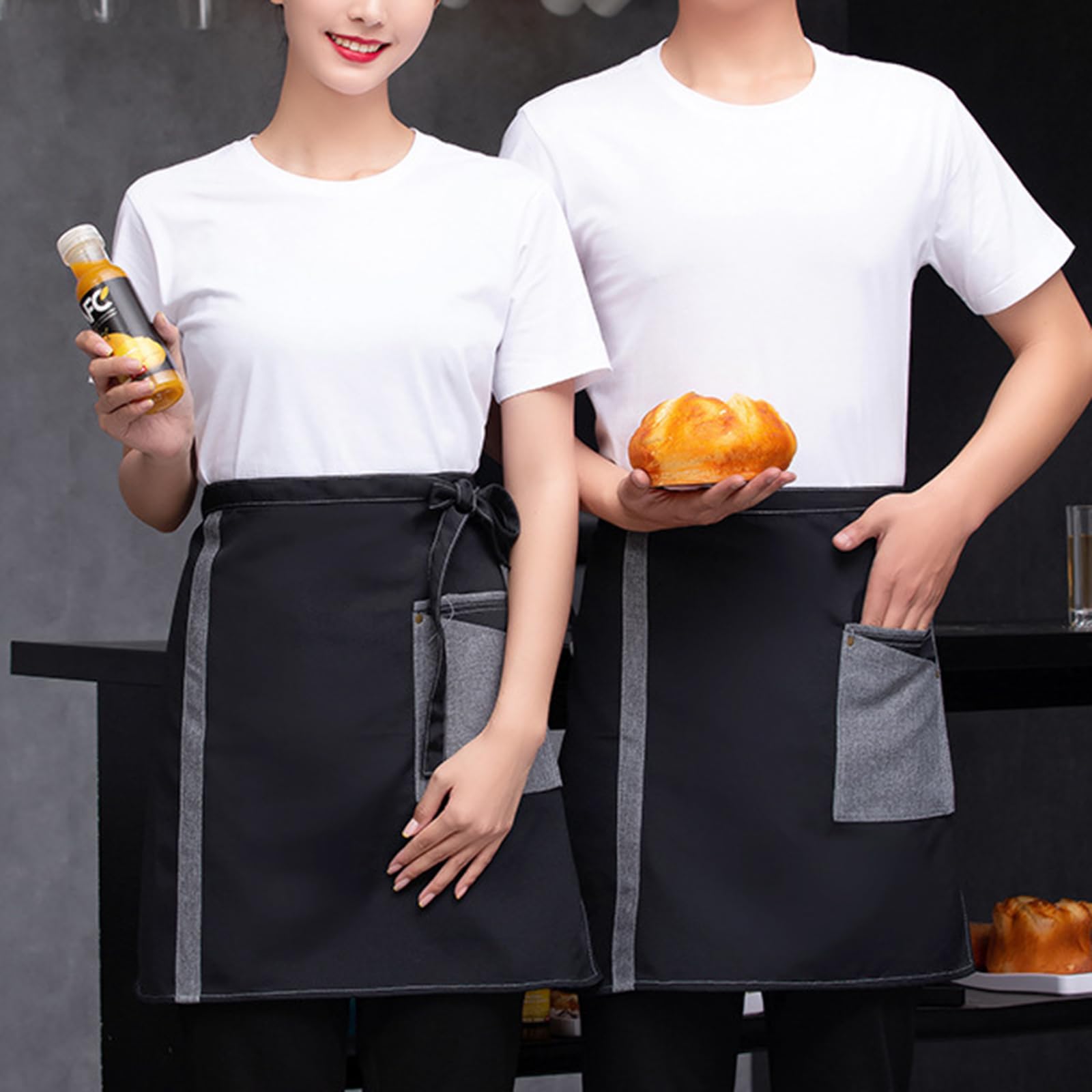 2 Piezas Delantales De Cintura, Delantal Corto Impermeable, Medio Delantal Camarero, Delantale De Cocina con Bolsillos para Restaurante, Casa, Bar Black,One Size