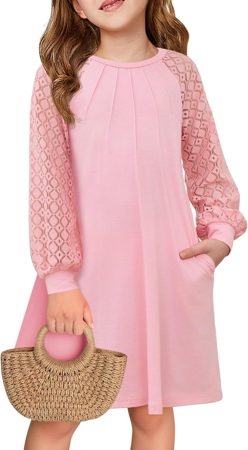 Haloumoning Girls Contrast Lace Long Sleeve Dress Kids Casual Pleated A Line Short Dresses with Pockets 5-14 Years