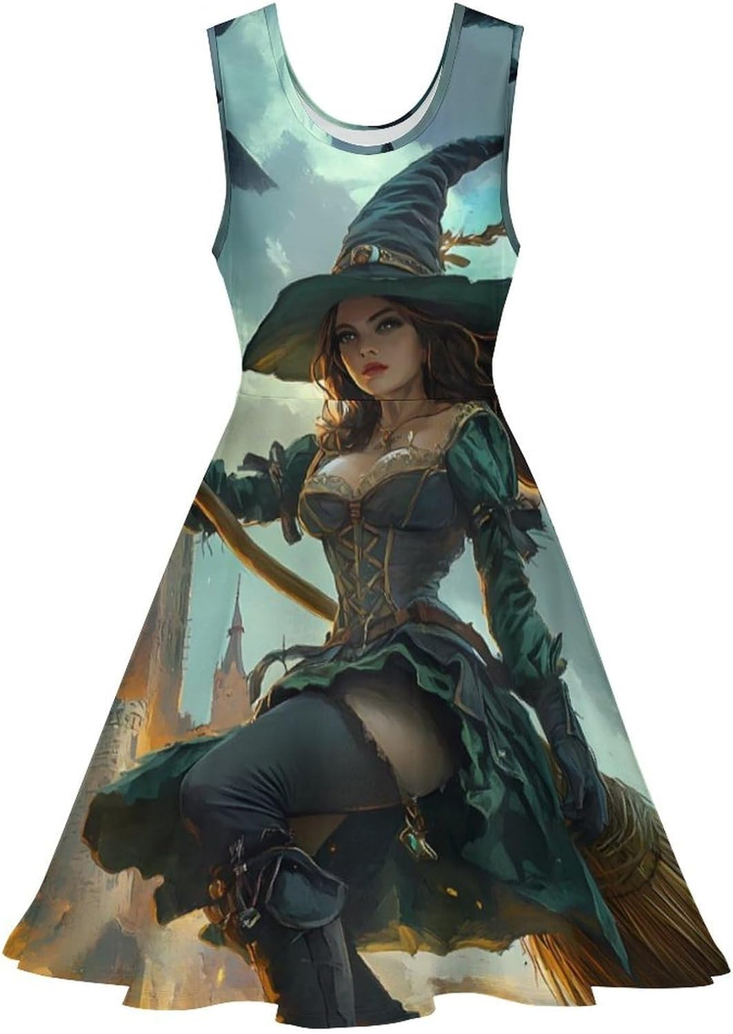 Witch Flying with A Broomstick Women's Dresses Round Neck Dress Sleeveless Tank Dress Ruffle Hem Sundress