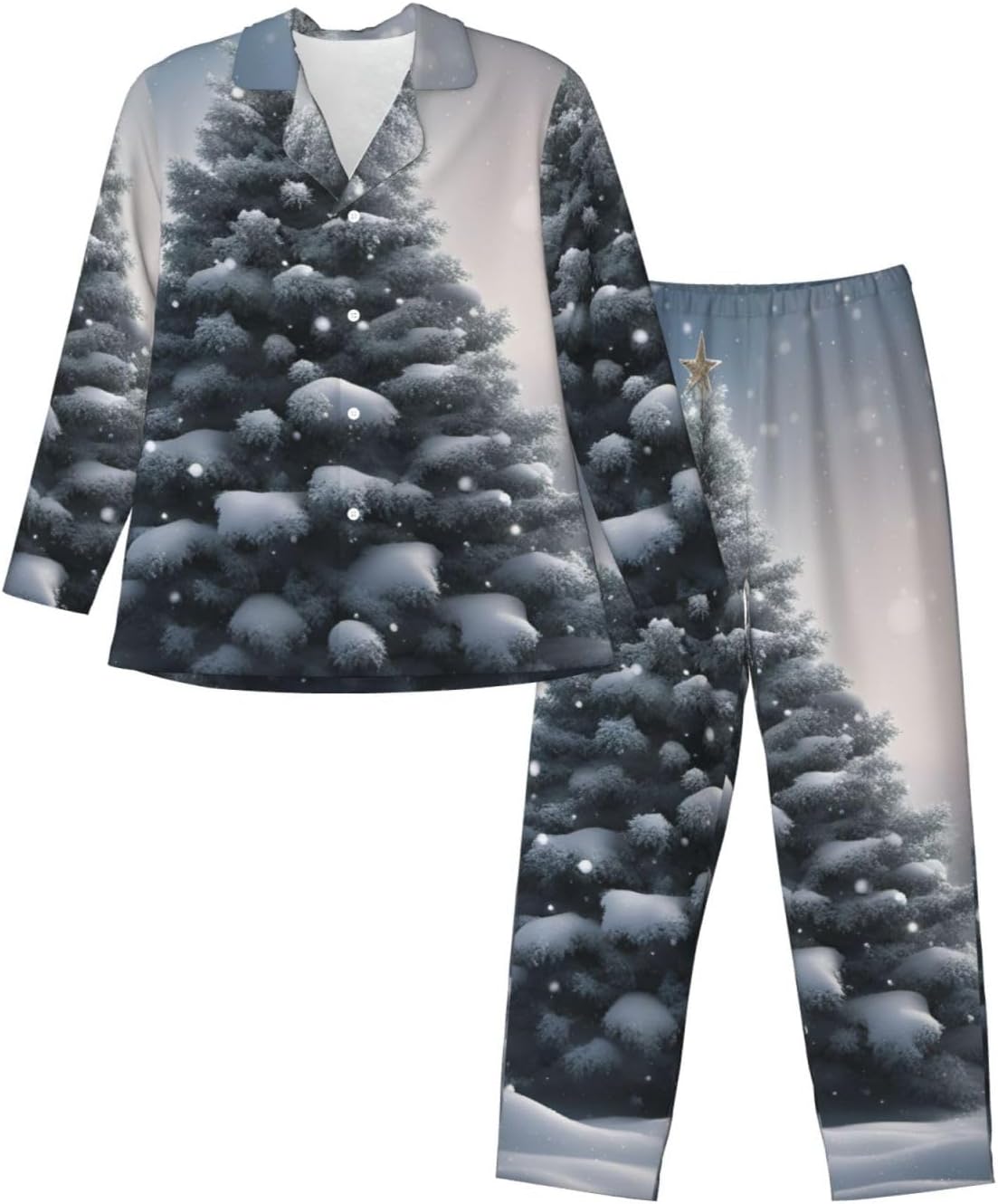 Christmas Tree Snow Print Luxurious Mens Pajamas Set,Breathable Pajamas Set,Perfect For Lounging Bed,Sofa