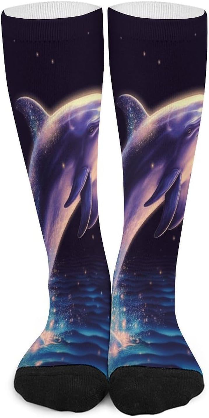 Glitter Dolphin Mid-Calf Socks Women Warm Knee High Socks Cozy Hiking Skiing Soft Boot Mid Calf Stocking Unisex