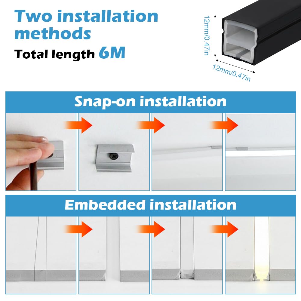 Profil LED en silicone étanche LOMUG, Couverture de bande LED 12×12mm pour bandes LED jusqu'à 9mm, Diffuseur de bande LED flexible et raccourcissable pour plafond, mur, TV, panneau acoustique