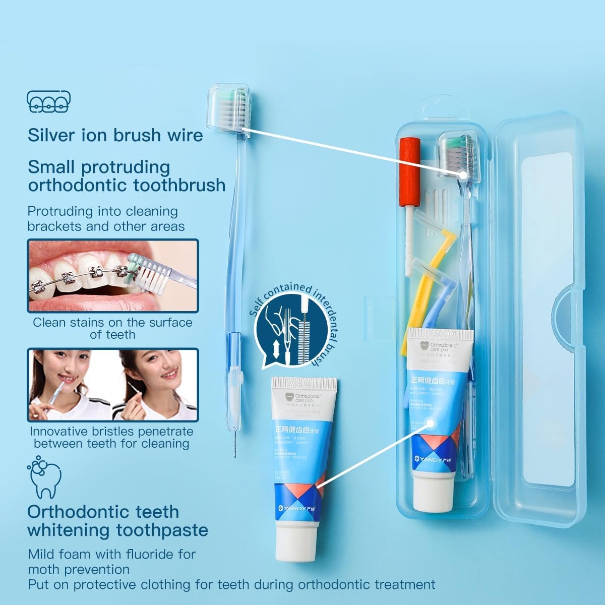 YANDY Portable Orthodontic Oral Care Kit for Braces - Contains Orthodontic Toothbrush,Toothpaste,Interdental Brush,Orthodontic Bites