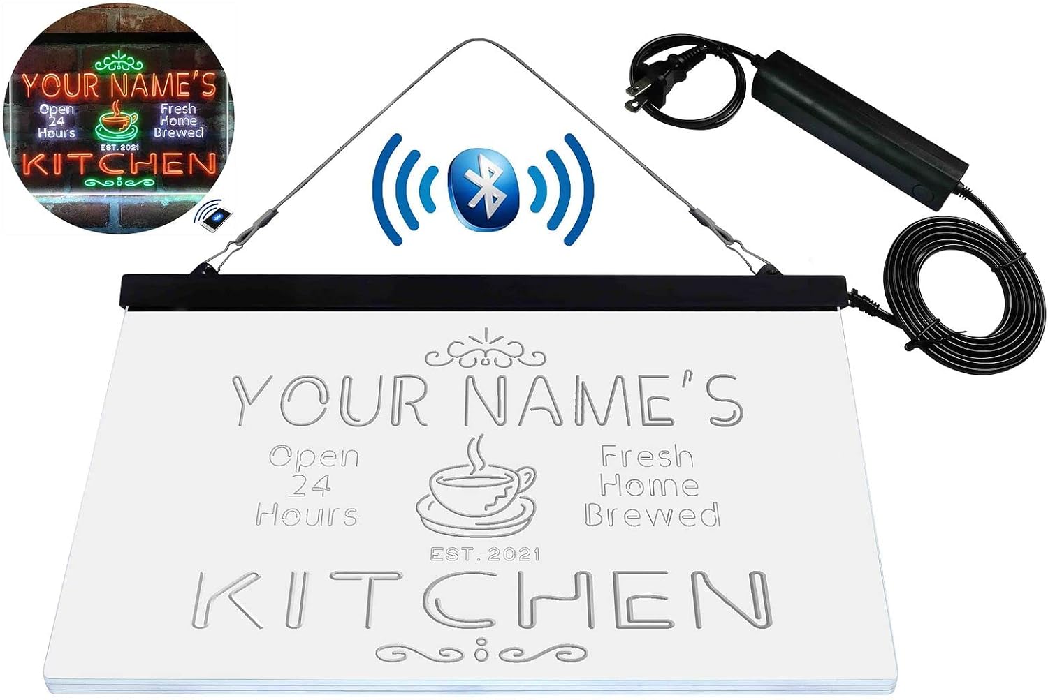 Personalized Kitchen Coffee Cup Tri-Color LED Neon Light Sign Customize Name Date Text Quote Font White & Green & Orange 17.7 x 13.6 Inches st9s43-pc1-tm-wgo
