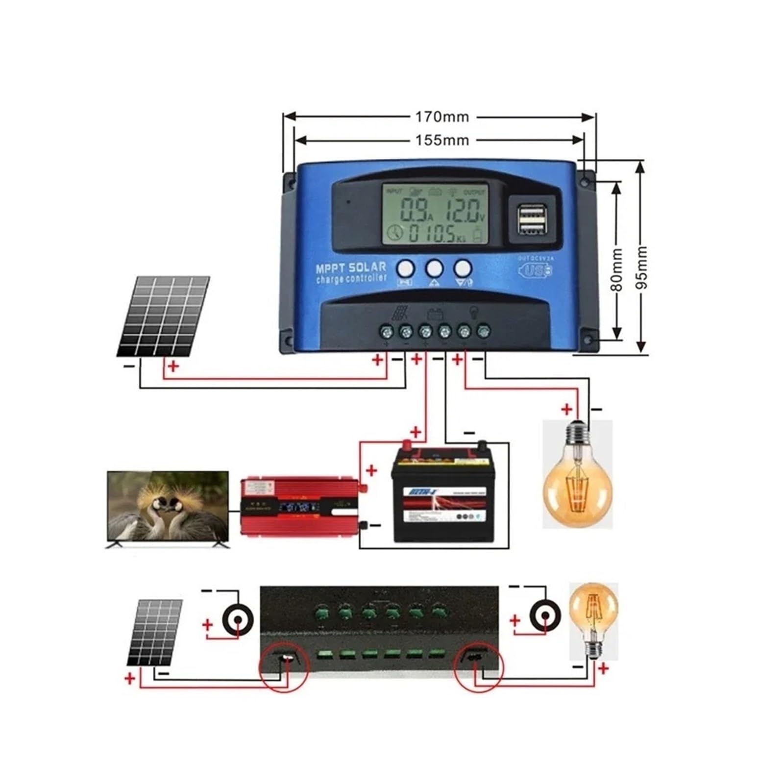 Kontroler ładowania słonecznego, 12V 24V 36V 48V 60V MPPT Regulator Ładowania Słonecznego Wyświetlacz LCD Z Bluetooth Podwójny Port USB Do Baterii Litowo-ołowiowej 100A 60A 40A 30A(Only 12V 24V,100A)