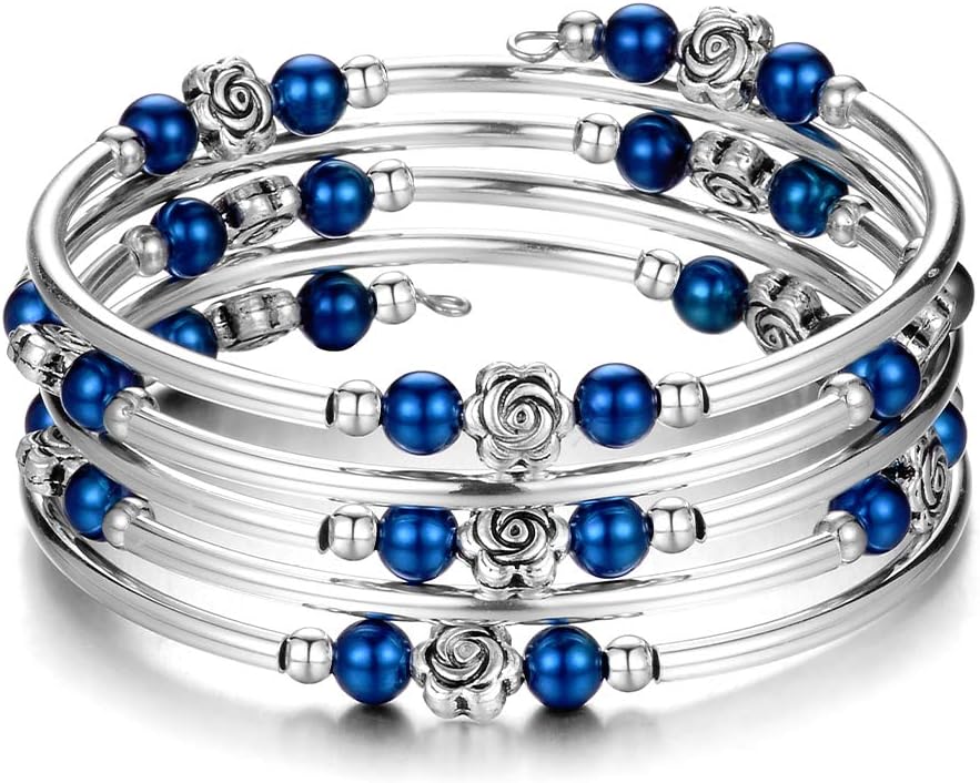 BULINLIN Wrap Bangle Rose Bead Bracelet - Beaded Bracelet with Natural Agate Stone Gifts For Women