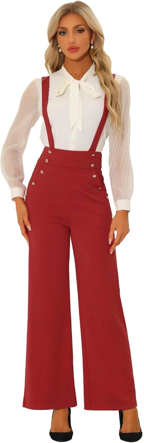 Allegra K Casual Office Jumpsuits for Women's Adjustable Straps Wide Leg Suspenders Pants Overall