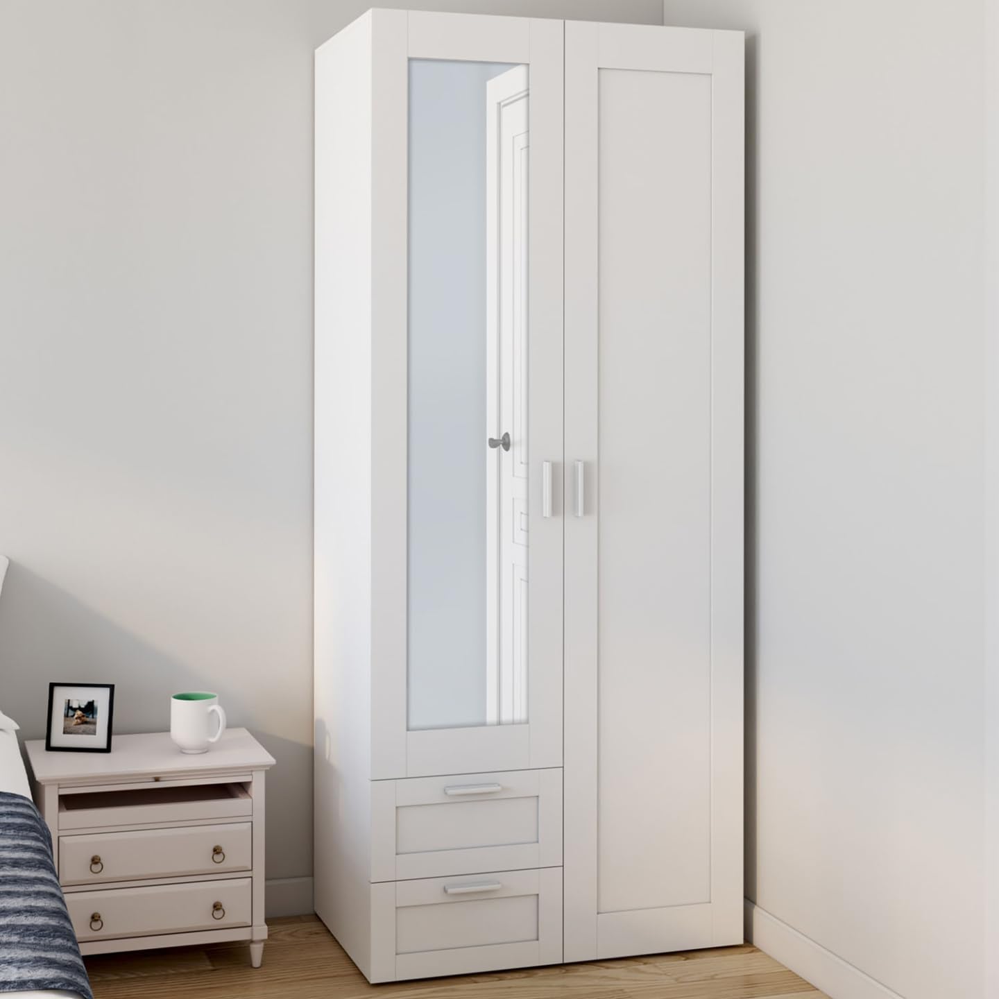 IDMarket - Armario de 2 puertas VITO blanco 80 cm con 2 cajones, espejo y estantes