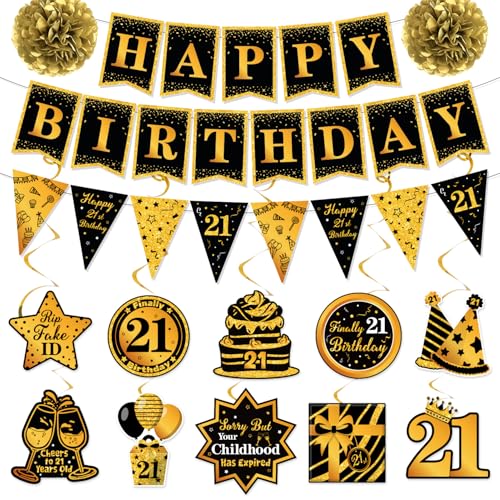 Image of 21st Birthday Decorations for Him - Black and Gold Happy 21st Birthday Banner with Hanging Swirls Streamers, Paper Pom Poms, Pre-Strung Party Decor Kit