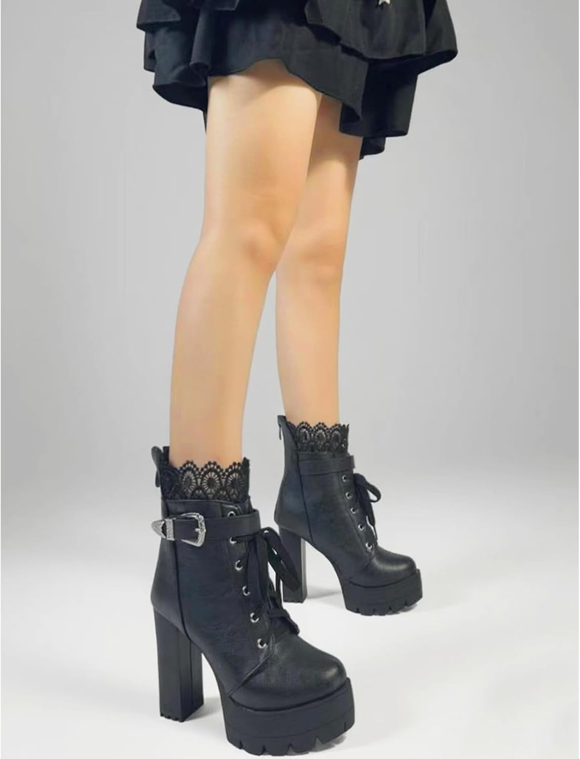 MEOTINA High Heel Boots for Women Black Heeled Chunky Heel Boot Platform Goth Shoes Lace Up Ankle Booties with Zipper - Image 3