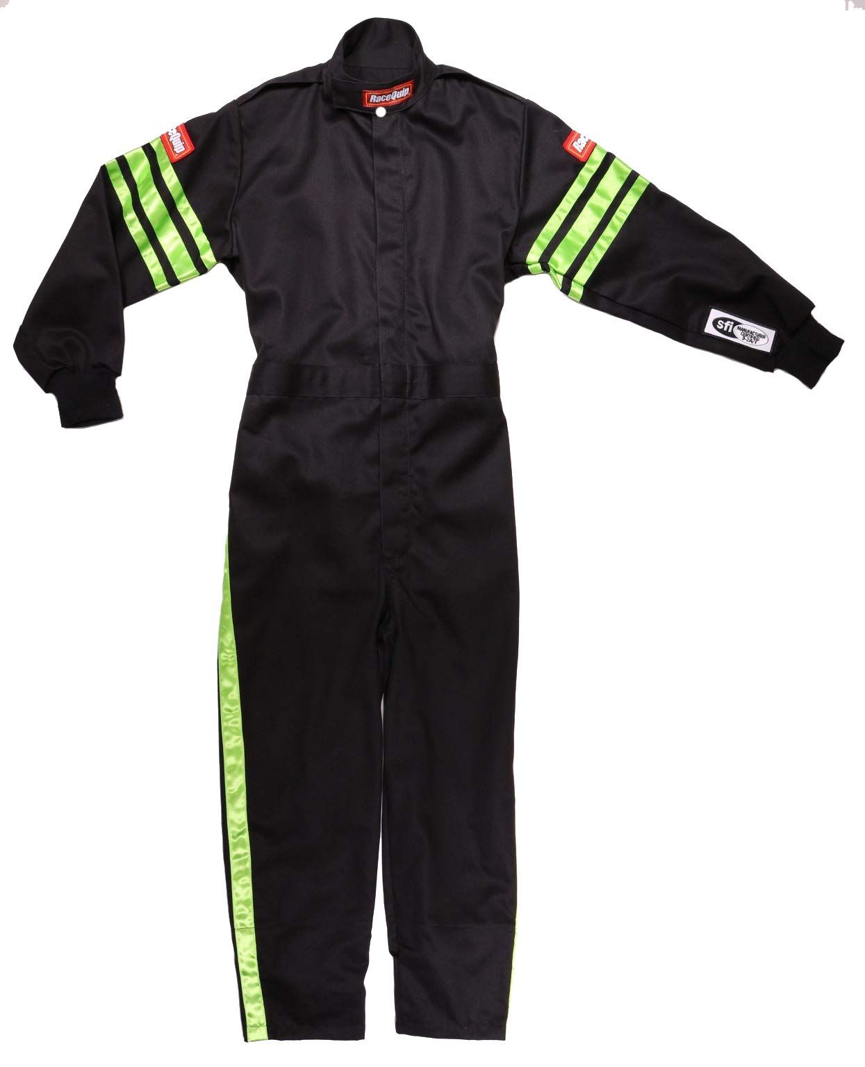 RaceQuip 1950795RQP Pro-1 Driving Suit SFI 3.2A/1 Black/Green Stripe Youth Large