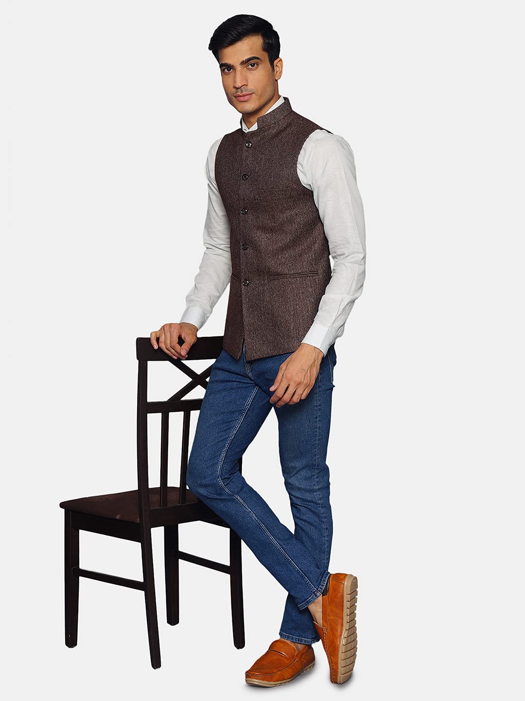 WINTAGE Men's Tweed Bandhgala Festive Nehru Jacket Waistcoat Brown - Image 5 thumbnail