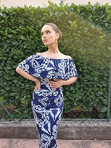 Happy Sailed Women Dark Blue Off-The-Shoulder Maxi Dress, X-Large Blue Tendril Print - Image 6