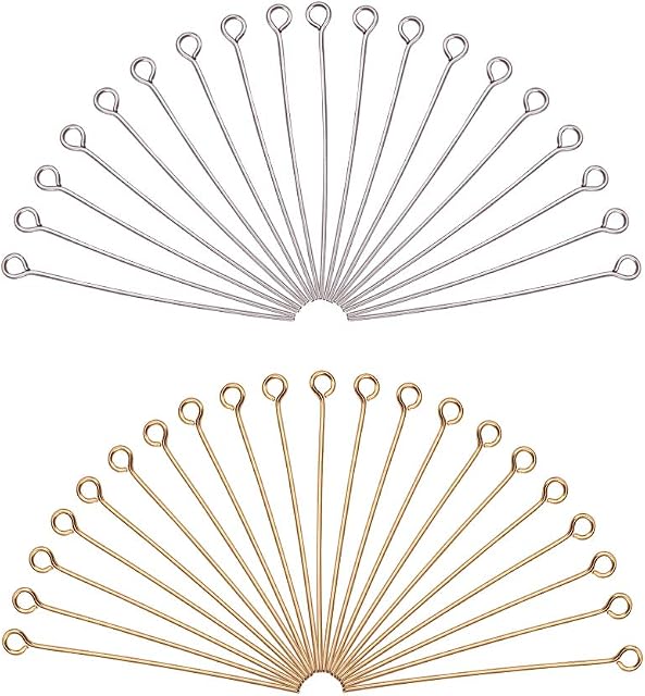 PandaHall Elite about 160pcs Silver And Golden Color 40mm Long 304 Stainless Steel Eye Pin For Jewellery Making, Hole: 2mm