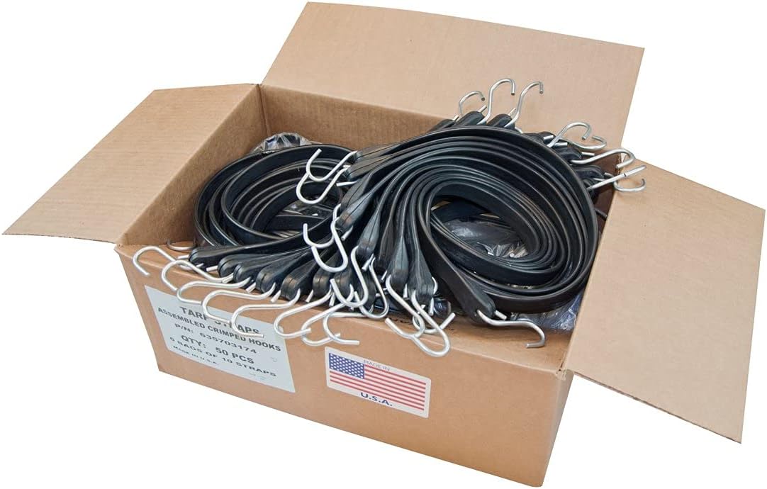 USA Tarp Straps with Crimped Hooks - 10 Inch - Box of 50