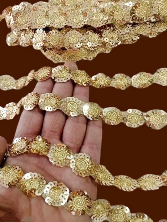 Sitara Lace Golden Sequin Cutwork Border Flower Patch Design Ribbon Applique Thread Embroidery Fabric Trim Lace (Golden)