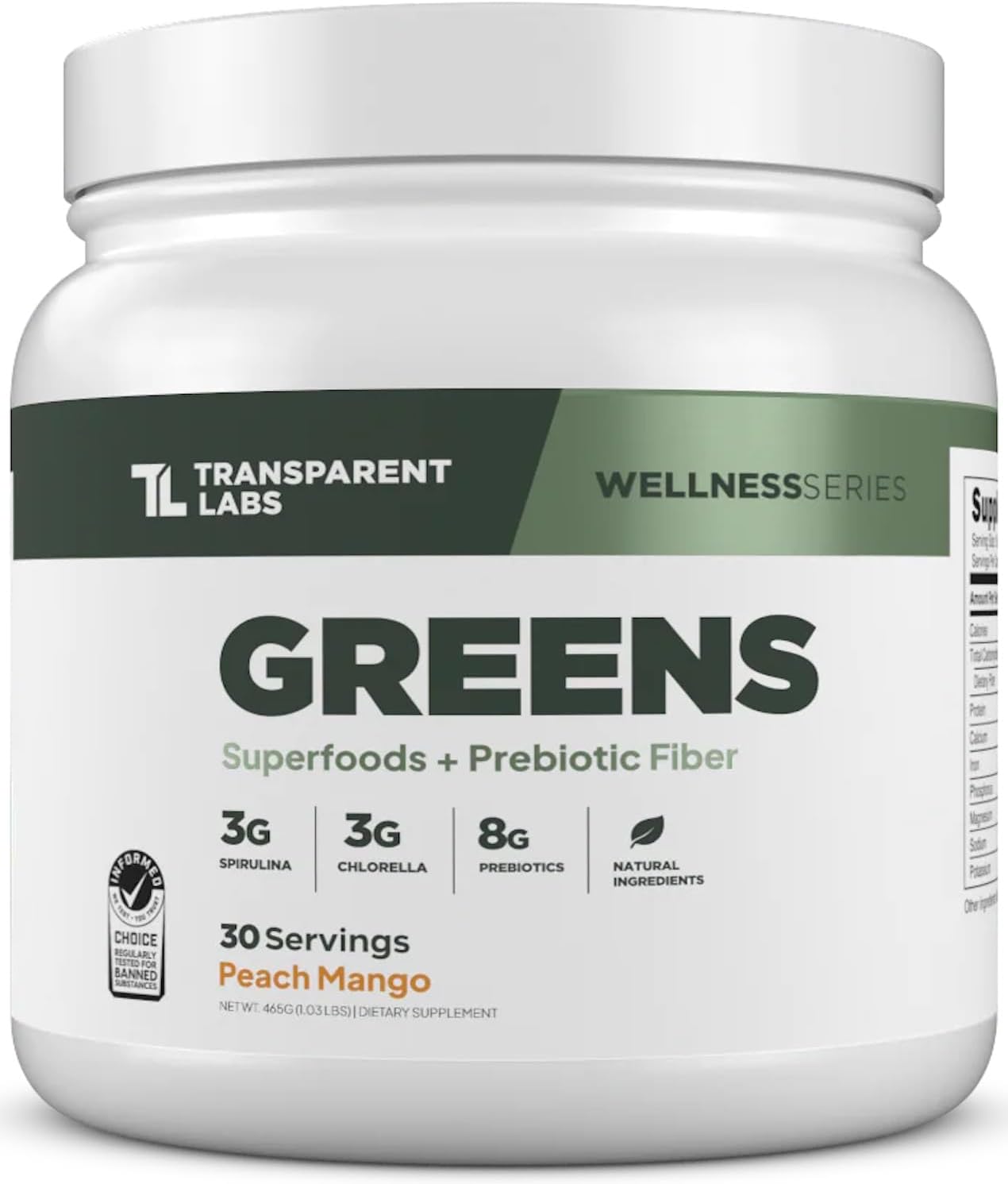 Transparent Labs Prebiotic Greens – Superfood Powder & Antioxidants Supplement with Organic Spirulina, Chloerra, Acacia, & Green Banana Powder – 30 Servings, Peach Mango