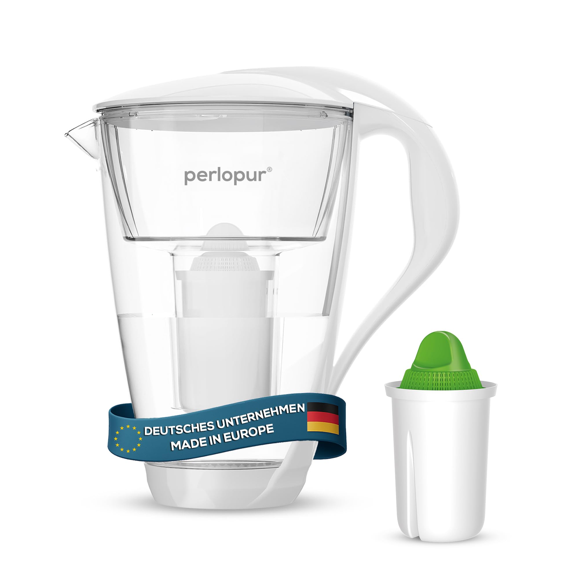 Glas-Wasserfilter (weiß) +1 Filterkartusche Alkaline | Borosilikatglas, 2 l gesamt, 1 l gefiltert, LED-Anzeige, für classic Kartuschen, hebt den pH-Wert an, für basisches Wasser