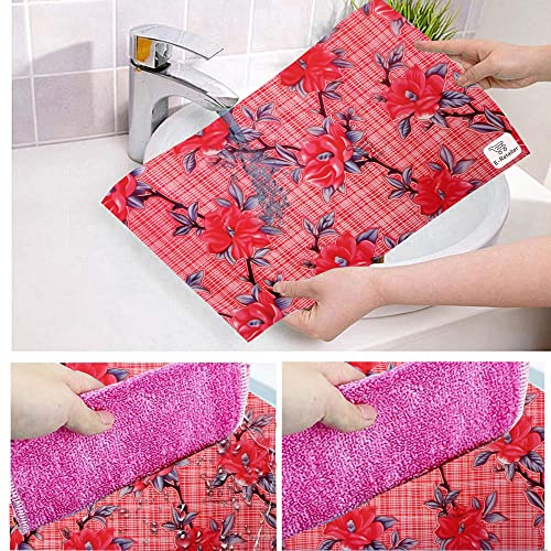 Image of Polyester 3-Layered Fridge Top Cover /Refrigerator Cover with Utility Pockets and Set of 3 Pc Fridge Mats (Color-Check Floral Red, Size-39x21 Inch)
