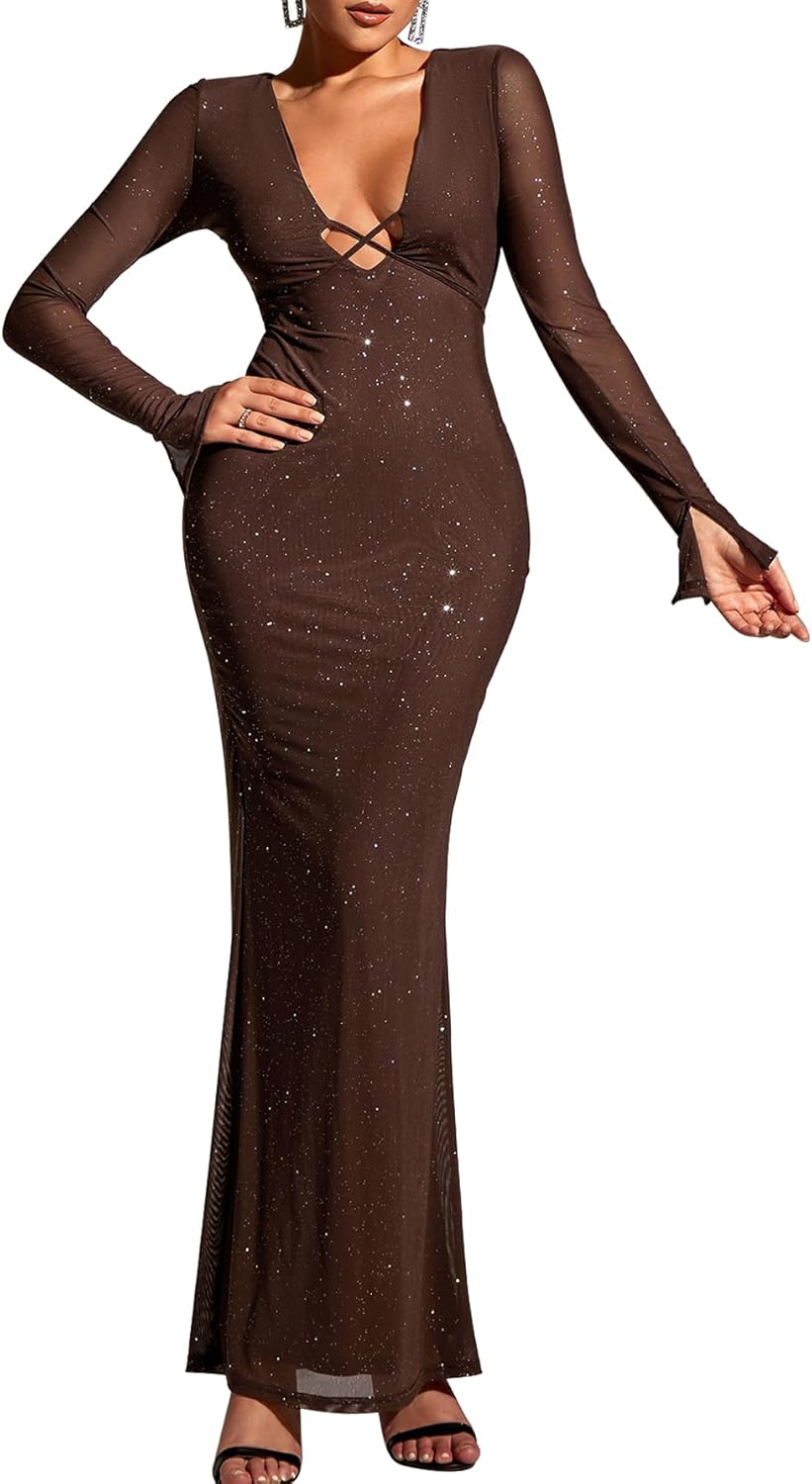 KUTUMAI Women Sexy V Neck Sequin Long Sleeve Bodycon Maxi Dress Sparkly Ruched Gown Evening Formal Dresses