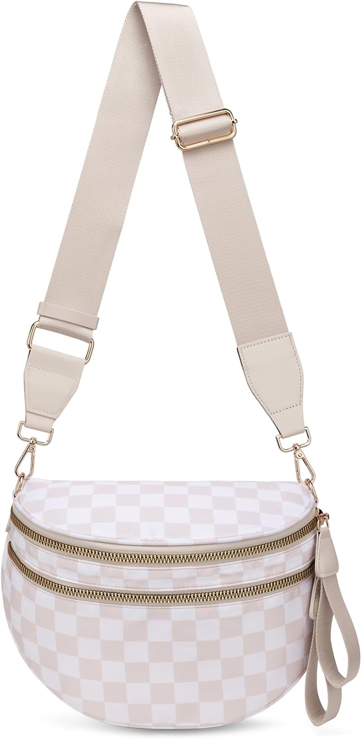 Pure Colour Crossbody Bum Bags for Women Spacious Checkered Cross body Bag Nylon Trendy Fanny Pack for Travel