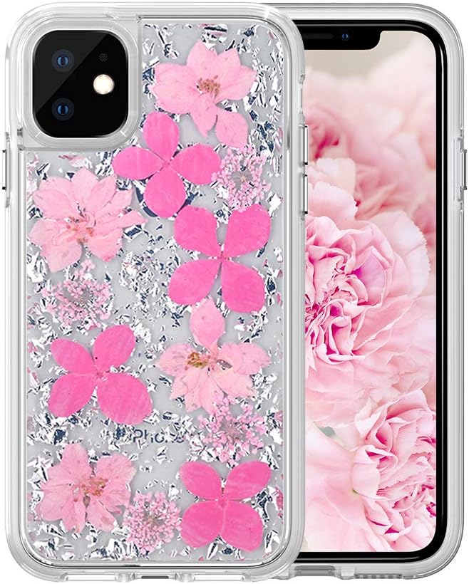 iPhone 11 Pro Max Case,HuiFlying Women Luxury Gold Foil Glitter Case[Made with Real Natural Flowers] with Clear TPU Bumper+Hard PC Plastic Back Cover for Apple iPhone 11 Pro Max (Silver Pink Flower)