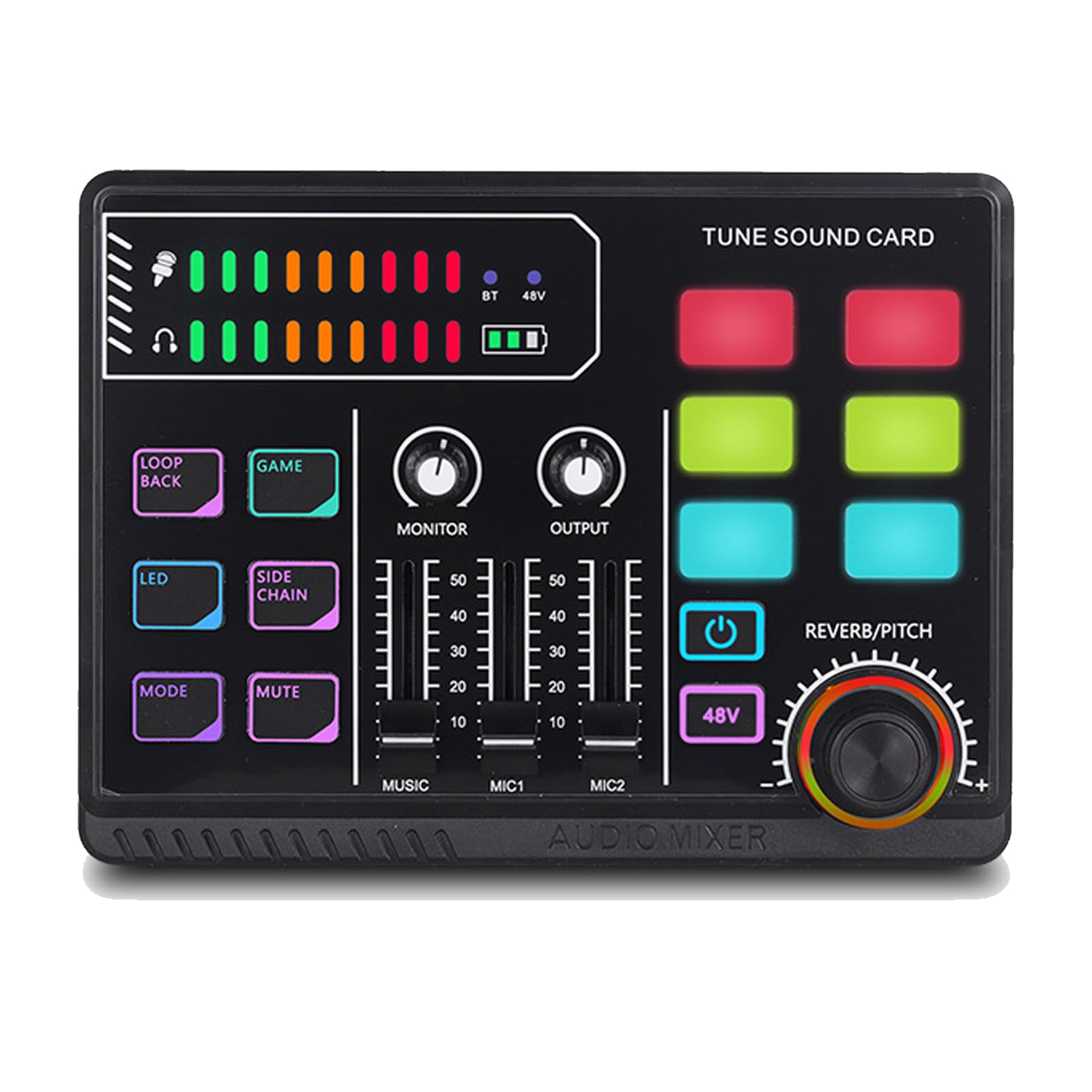 Mixer audio da gioco con 48 V Phantom Power, RGB PC mixer per streaming, mixer RGB per microfono XLR, mixer audio per PC/Phone/Gamer Creators/Live/YouTube/Personalizzato