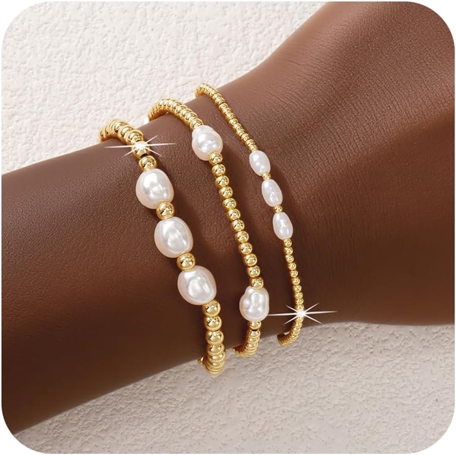 Gold Beaded Bracelet Stack for Women - 14K Gold Plated Beads Stretch Pearl Bracelets Set, Non Tarnish Trendy Stackable Jewelry Gifts for Birthday Beach Vacation Prom Friendship