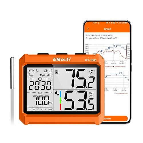 Miniatura 1 de Elitech Termómetro higrómetro digital Bluetooth, termómetro para refrigerador con aplicación gratuita, monitor de humedad de temperatura en tiempo