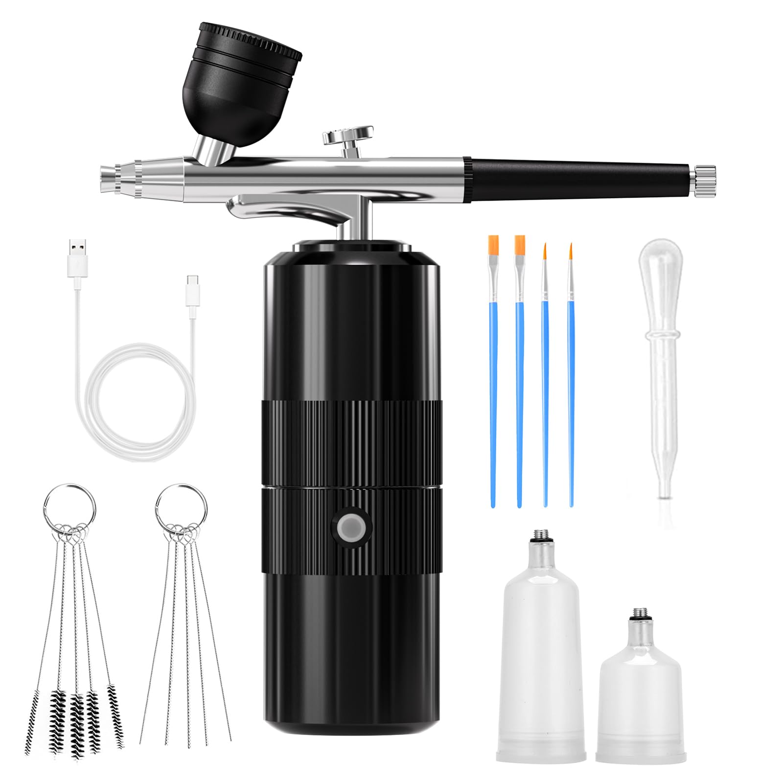 Airbrush-Set mit Kompressor, tragbares Airbrush-Set, 48 PSI, Hochdruck-Luftbürsten-Set, kabellos, wiederaufladbar, mit 0,3 mm Düse und Reinigungsbürste für Malerei, Nagelkunst, Make-up (schwarz)