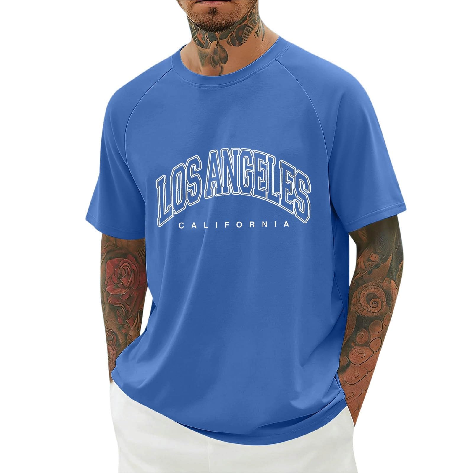 YOSUWOAI T-Shirts for Men, Los Angeles Print T-Shirt, Summer Short Sleeve Crew Neck Tops, Men's Casual Sports Shirt, Loose Tee Shirts, Streetwear, Comfortable, Breathable, Short Sleeve Shirt, O Blue
